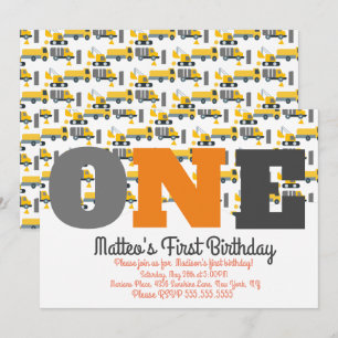 Convites Veículos de Construção Aniversário Despejam Gr