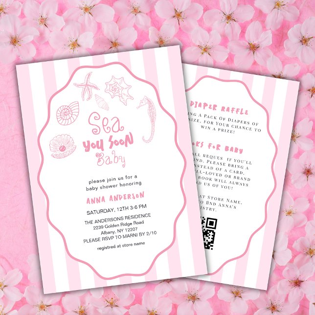 Convites Vejo Você Em Breve Bebê Conchas de Rosa Menina Chá (Criador carregado)