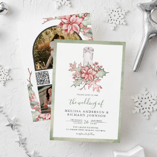 Convites Vela de Natal com Poinsettia Rústica Código QR Cas