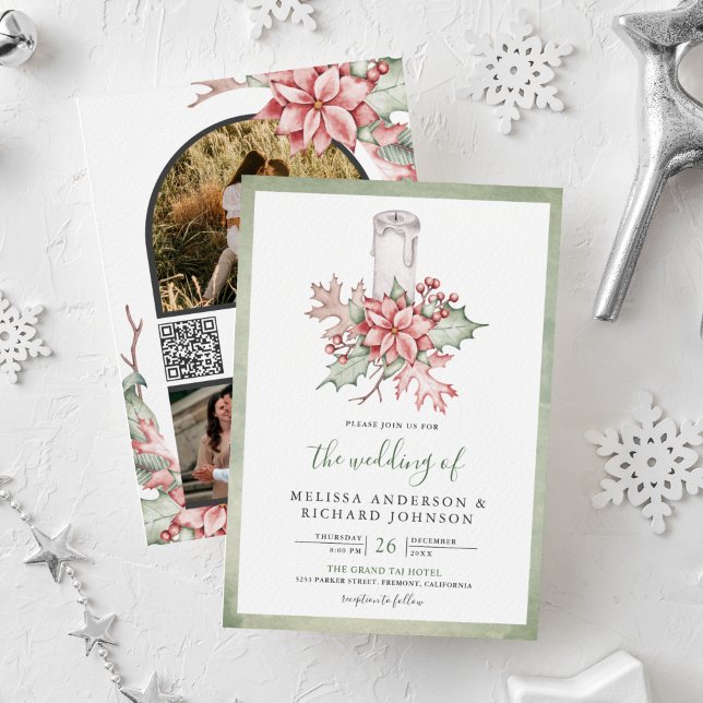 Convites Vela de Natal com Poinsettia Rústica Código QR Cas (Criador carregado)