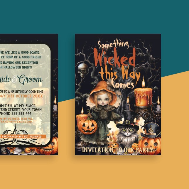 Convites Velas de Abóbora Sinistra Garota Goth Crânio (Gothic Halloween Wedding Party. Orange and Black color themes. Dark beauty. Emo vibes)