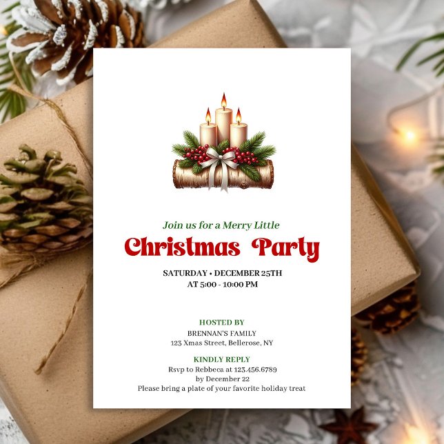 Convites Velas de Azevinho Elegantes Festa de Natal (Elegant Holly Berries Candles Christmas Party Invitation)