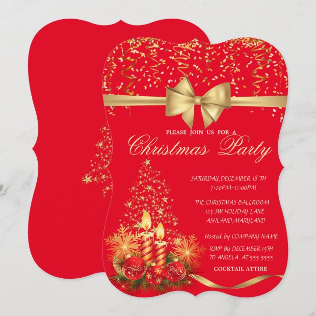 Convites Velas de Natal Elegantes, Árvore Vermelha da Empre (Frente/Verso)