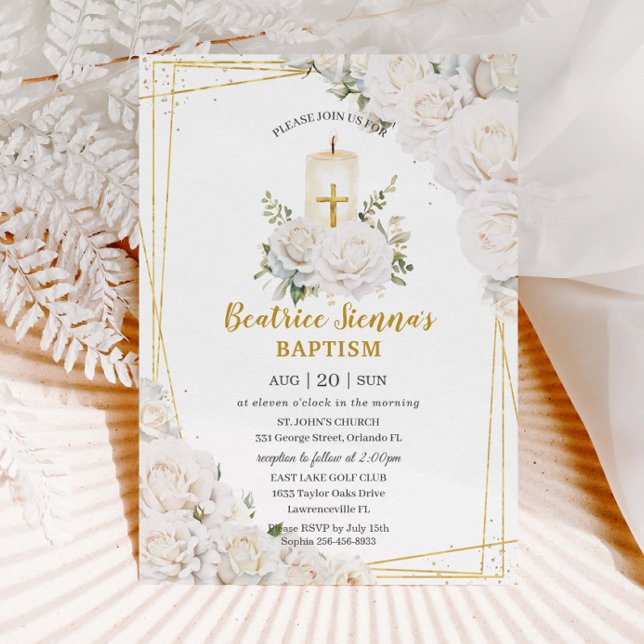 Convites Velas Florais de Rosas Brancas Chic para Batismo (Criador carregado)