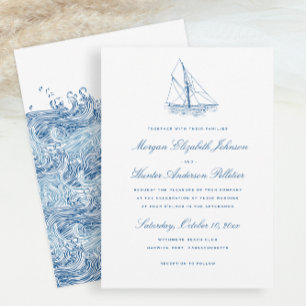 Convites Veleiro e Ondas Azul Marinho Elegante Casamento