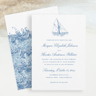 Convites Veleiro e Ondas Azul Marinho Elegante Casamento