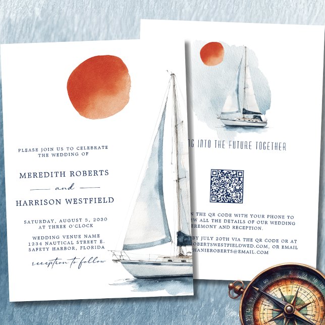 Convites Velejando para o futuro juntos (Sailing Into The Future Together Sailboat Wedding Invitation 3)