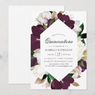 Convites Veludo e Floral Branco e Ameixa Escura Quinceañera