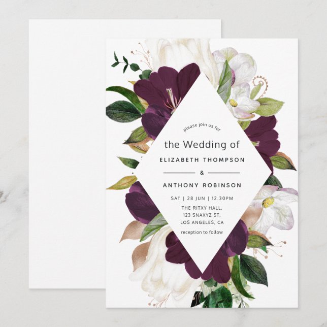 Convites Velvet de ameixa Escura e Casamento Floral de Prim (Frente/Verso)