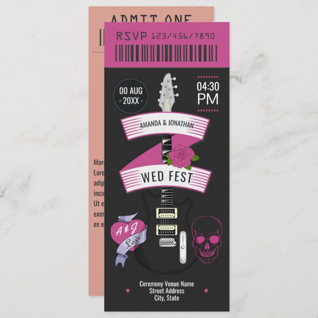 Convites Velvet Thunder Rock ’n’ Roll Wedding Ticket (Frente/Verso)