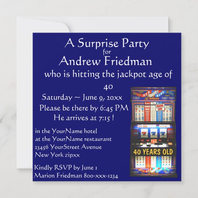 Convites Vencedor da festa de aniversário do slot machine (Frente)
