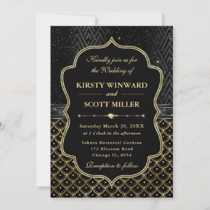 Convites Venerável Marisco Preto Dourado Art Déco Casamento