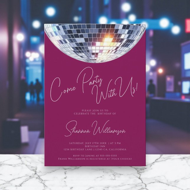Convites Venha festejar rosa bola de discoteca moderna aniv (Criador carregado)