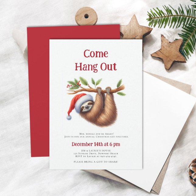 Convites Venha Sloth Branch Engraçado Festa de Natal (come hang out funny sloth christmas party invitation family winter holiday cute minimalist modern)