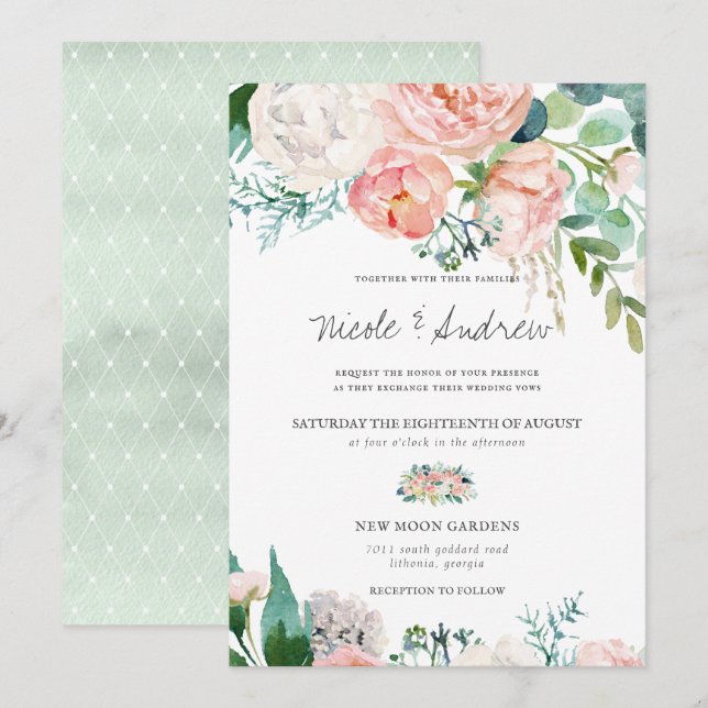 Convites Verão Corado | Casamento Floral em Aquarela (Frente/Verso)