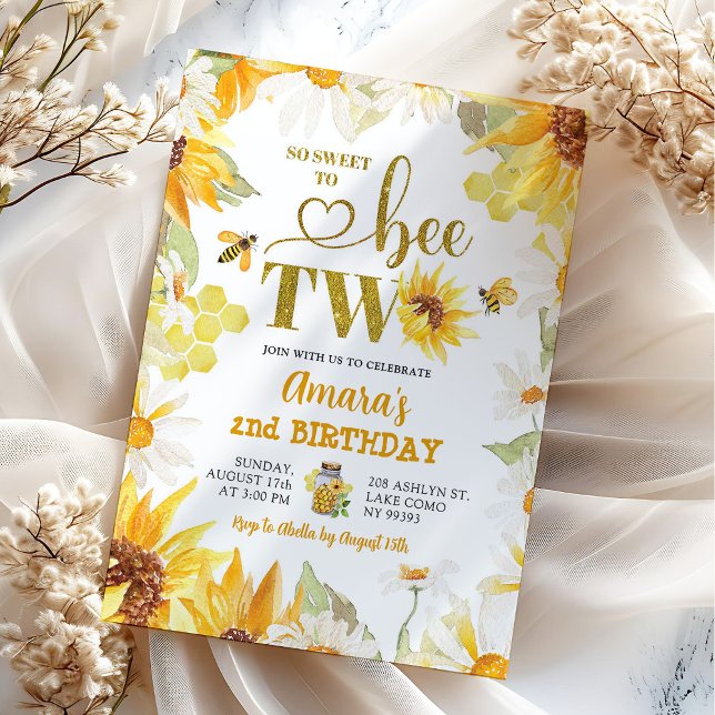 Convites Verão Daisy Sunflower Bee Segundo Aniversário (Criador carregado)
