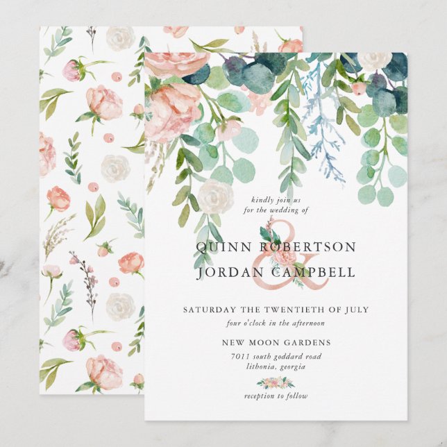 Convites Verão de Blushing | Watercolor Floral Wedding (Frente/Verso)