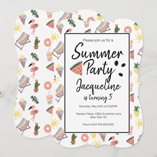 Convites Verão Flamingo - Mão Desenhada (Frente/Verso)