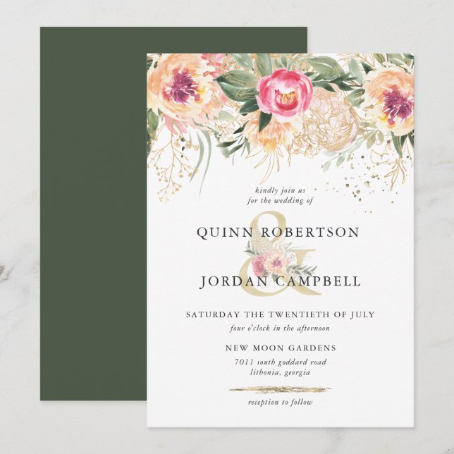 Convites Verão Indiano | Casamento de Peônias Rosa em Aquar (Frente/Verso)