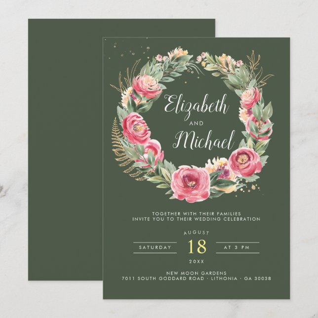 Convites Verão Indiano | Casamento de Peônias Rosa em Aquar (Frente/Verso)
