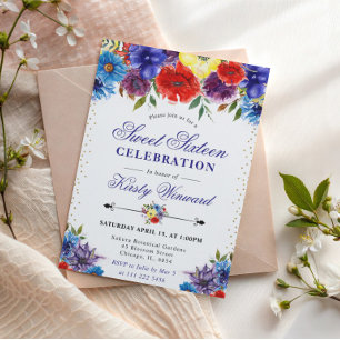 Convites Verão Vermelho e Azul Boho Flores Doce Dezesseis