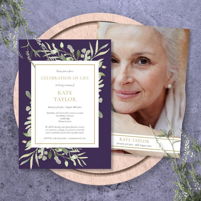 Convites Verdade Roxa Celebração Funeral da Vida Foto (Purple Greenery Funeral Celebration of Life Photo Invitation)