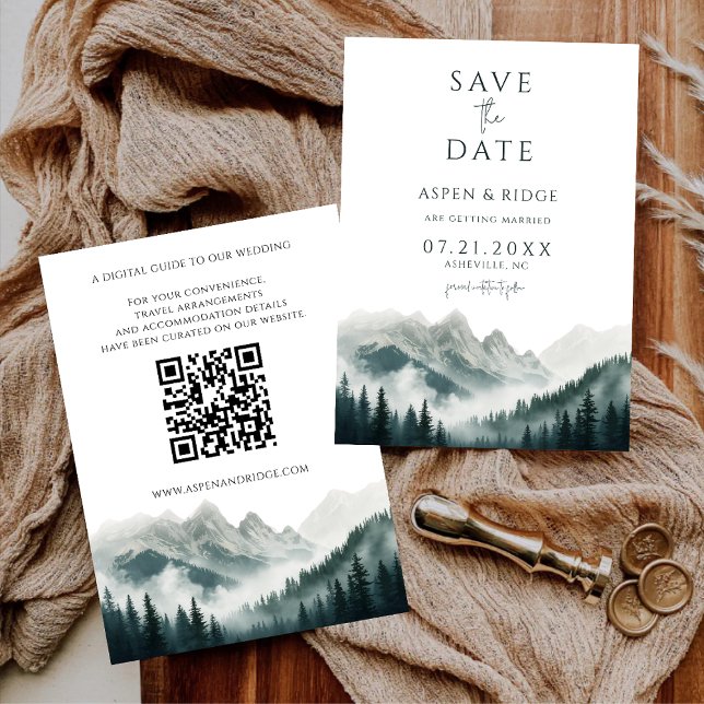 Convites Verdant Peaks Misty Forest Save the Date QR Code (Criador carregado)