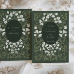 Convites Verdant Romance Art Nouveau Wedding<br><div class="desc">Este convite de casamento captura a essência do charme Art Nouveau misturado com um tema de romance. A frente do convite apresenta um elegante motif floral circular, com florais brancos e folhagem verde-sábio contra uma canvas verde-florestal profunda, simbolizando um amor que é puro e sempre crescente. Ao contrário, os detalhes...</div>