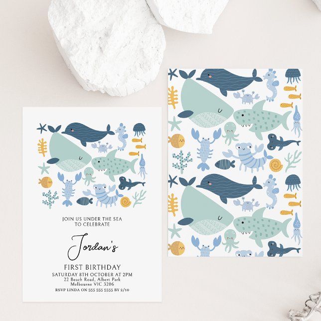 Convites Verde Azul Moderno Sob O primeiro aniversario Dos  (Modern under the sea themed first birthday invitation featuring a whale, dolphin, shark and more.)