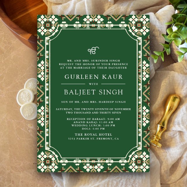 Convites Verde Bege Ikat Anand Karaj Casamento Sikh (Criador carregado)