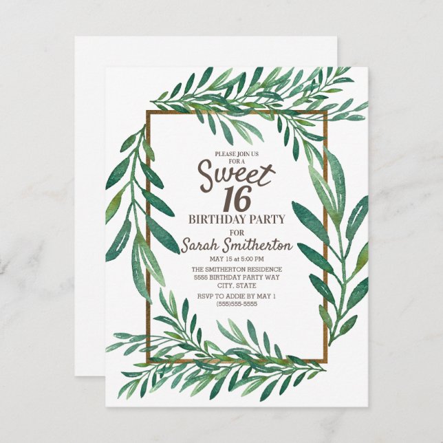 Convites Verde Botânico deixa Dourado branco doce 16 (Frente/Verso)