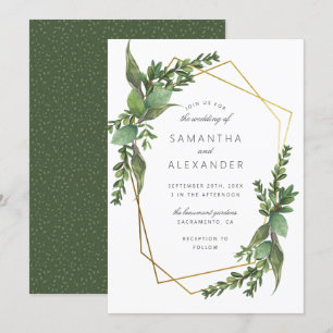 Convites Verde Botânico e Casamento Geométrico Dourado