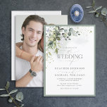 Convites Verde Botânico Elegante Foto Por Aquarela Floral<br><div class="desc">Baseado no nosso Chá de panela mais vendido, este maravilhoso e elegante convite para casamento apresenta buquês de azul empoeirado, verde-sábio e verde botânico eucalipto, e é bordado em uma cinza verde. Personalize seus detalhes acentuados com uma bela caligrafia feita à mão moderna em branco suave e preto. A parte...</div>