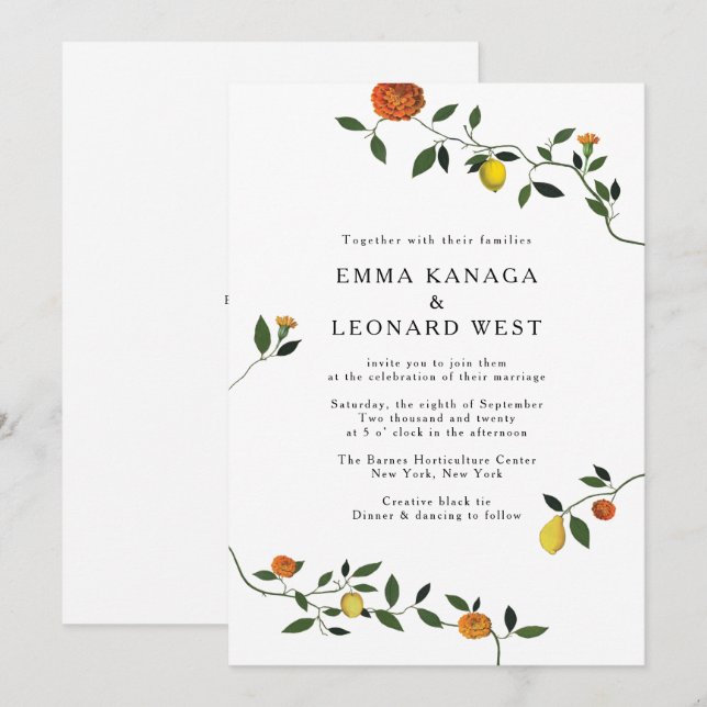 Convites Verde Botânico, Limões e Marigolds Convidam (Frente/Verso)