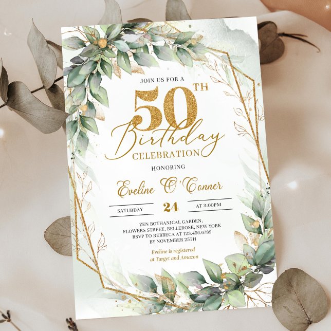 Convites Verde botânico moderno folha de ouro 50 anos (Bohemian green eucalyptus and gold frame 50th birthday invitation digital)