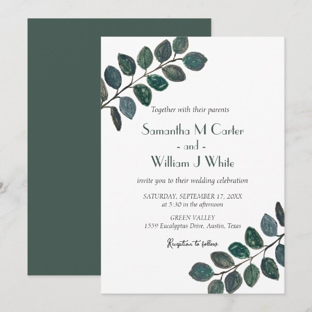 Convites Verde Botânico Rústico Eucalipto (Frente/Verso)