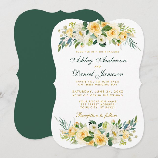 Convites Verde Branco Dourado Amarelo Floral de Casamento (Frente/Verso)