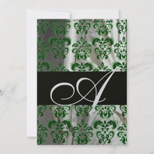 CONVITES VERDE BRANCO SEDA DAMASCO MONOGRAMA PRATA