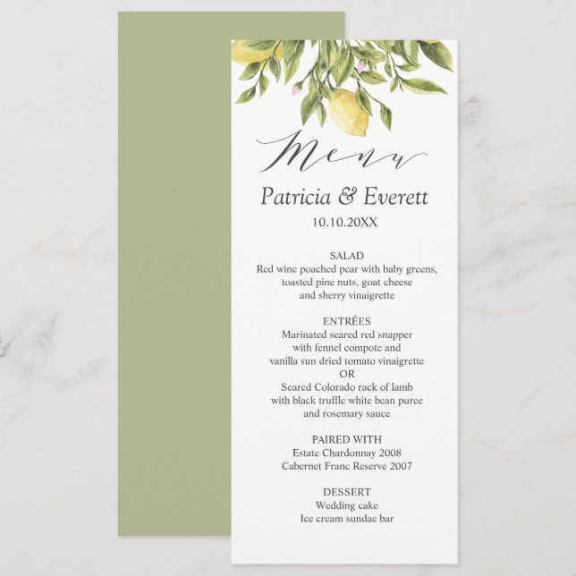 Convites Verde | Casamento de Boho com Limões e Folhas (Frente/Verso)