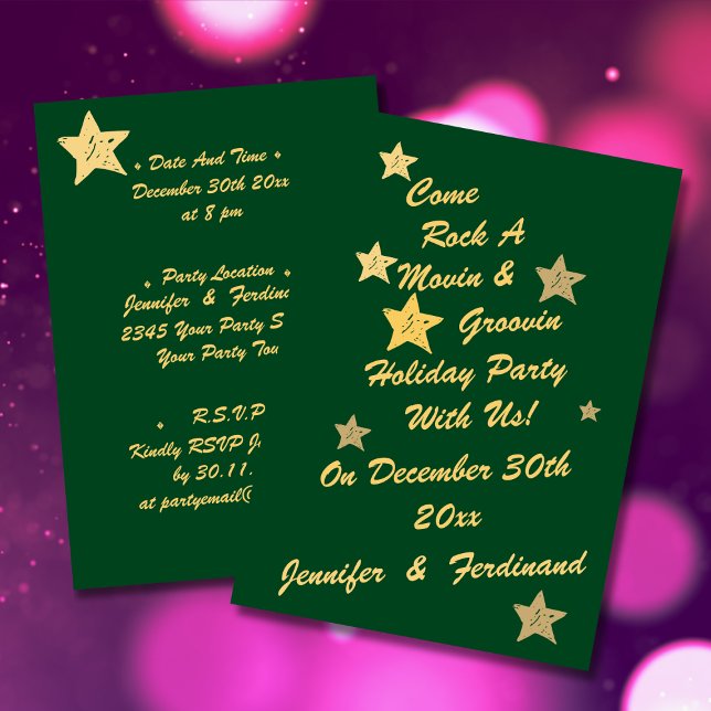 Convites Verde-Chic moderno e Dourado estrelas Feriado em G (Modern chic gold script on green background with gold stars groovy holiday party invitation.)