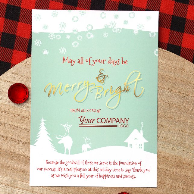 Convites Verde claro, logotipo vermelho, empresa de neve br (Mint Green White Red Logo Company Holiday Christmas Cards Rustic Elk)