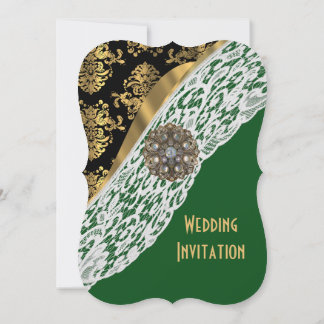Convites Verde com casamento tema damasco de ouro branco
