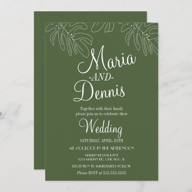 Convites Verde com ilustração simples da linha monstera (Frente/Verso)