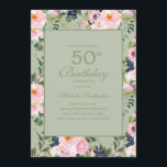 Convites Verde-cor-de-rosa-claro 50º aniversário<br><div class="desc">Belo e elegante pincel cor-de-rosa e marinho azul-d-água floral no convite de aniversário verde-menta 50º para mulheres. Entre em contato conosco para obter ajuda sobre a personalização ou produtos correspondentes</div>