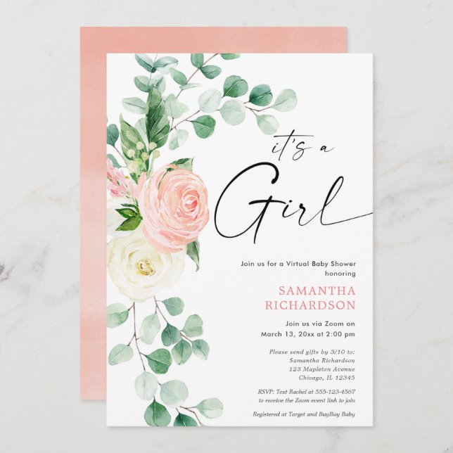 Convites Verde cor-de-rosa com primavera virtual (Frente/Verso)