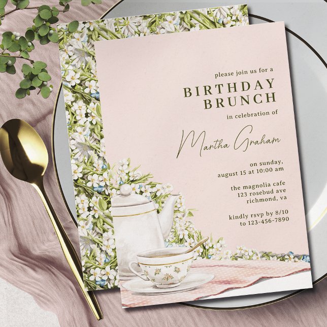 Convites Verde Cor-de-rosa | Cute Tea Party Birthday Brunch (Criador carregado)