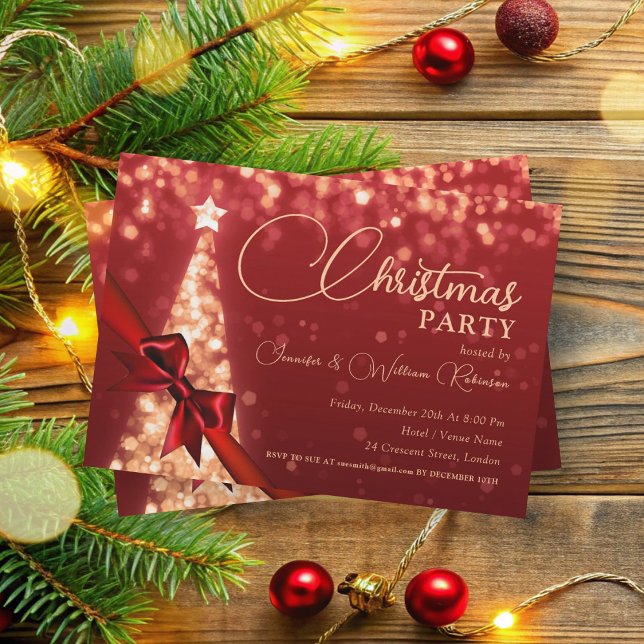 Convites Verde de Natal Elegante Dourado Shimmering Xmas (Elegant Gold Shimmering Xmas Tree Holiday Green Invitation)