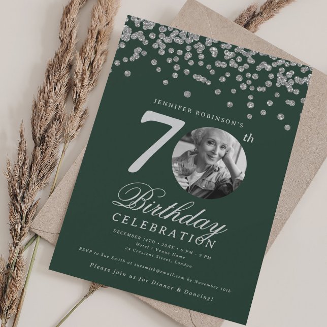 Convites Verde de prata com Festa de aniversário de fotos e (Elegant Photo 70th Birthday Party Silver Green Invitation)