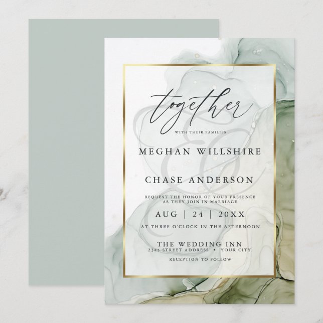 Convites Verde de Sage Desvanecido com Casamento de Álcool  (Frente/Verso)