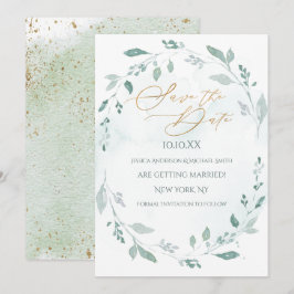 Convites Verde Dourada Wreath Watercolor Salvar a Data